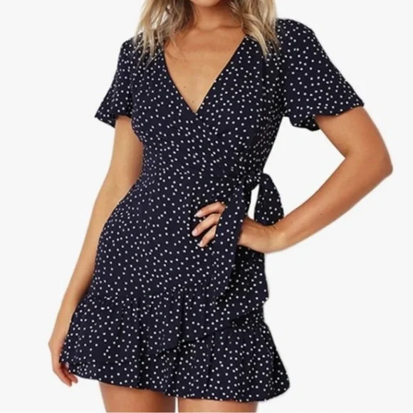 Relipop Navy Blue Polka Dot Wrap Dress | Size M - Picture 3 of 7